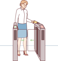 Business woman applying pass to go through turnstile at entrance to office png