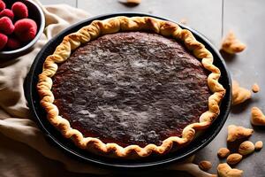 Chocolate buttermilk pie in a table aesthetic with some negative space to put text studio shoot for commercial marketing and promotion. photo