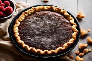 Chocolate buttermilk pie in a table aesthetic with some negative space to put text studio shoot for commercial marketing and promotion. photo