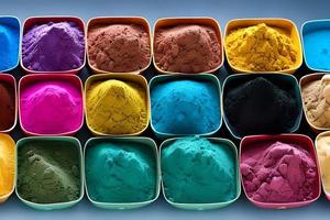 Colorful powder in a plastic container. Happy Holi decoration, the Indian festival. photo