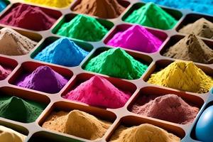 Colorful powder in a plastic container. Happy Holi decoration, the Indian festival. photo