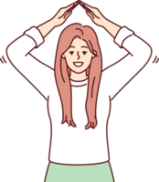 gelukkig vrouw beeldt af dak over- hoofd met handen, symboliseert veiligheid en onschendbaarheid png