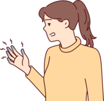 Woman experiencing with blue fingers after injury or chronic illness tormented by pain. Vector image png