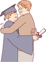 Young guy university graduate in academic robe hugs father after receiving diploma png