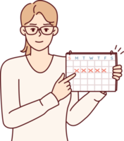 Young woman points finger at calendar with marks recommending time management png