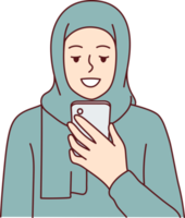 Muslim woman smiling using mobile phone for text messaging or visiting islamic sites png