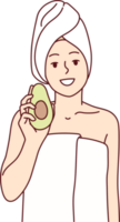 Woman in white towel after getting out SPA recommends using avocado for cosmetic masks png