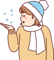 pequeño adolescente niña en invierno sombrero y bufanda estiramientos fuera palma a recoger arriba copos de nieve png