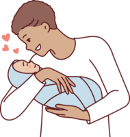 amoroso hombre sostiene recién nacido bebé en brazos y sonrisas disfrutar comunicación con propio hijo