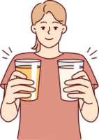 Woman with two glasses filled with cocktails wants to treat you and offers you drink png