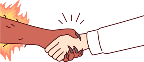 Handshake man and devil symbolizes risky deal or dangerous business arrangement