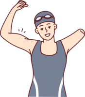 Woman swimmer with one arm showing strength by showing biceps as sign of victory png