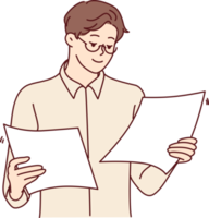 Concentrated man office worker holding two sheets of paper in hands reading report png