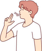 Casual guy teenager puts fingers to lips depicting gun and lights invisible cigarette png