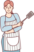 Smiling woman housewife in apron stands with arms crossed with spatula for cooking png