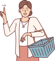 Positive woman with grocery shopping cart showing finger up after coming up with ide png