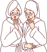 sous le choc femmes habillé dans blanc douche robes avec les serviettes sur humide cheveux ouverture bouches png