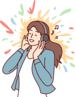 Positive woman meloman listening to music with headphones enjoying favorite pop track png