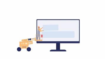 Animated aerial lift and computer. Website reconstruction. Building layout. 2D cartoon flat icon 4K video footage on white with alpha channel transparency. Concept animation for web design