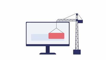 Animated tower crane and computer. Website construction. Site under maintenance. 2D cartoon flat icon 4K video footage on white with alpha channel transparency. Concept animation for web design