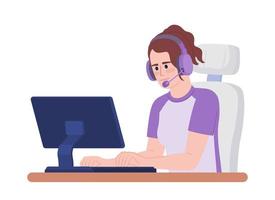 Woman with headset playing on computer semi flat color vector character. Editable figure. Half body person on white. Simple cartoon style spot illustration for web graphic design and animation