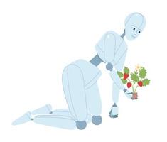 Humanoid robot gardener semi flat color vector character. AI-powered machine for horticulture. Editable figure on white. Simple cartoon style spot illustration for web graphic design and animation