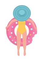 Lady in hat lying on inflatable donut ring semi flat color vector character. Editable figure. Full body person on white. Simple cartoon style spot illustration for web graphic design and animation