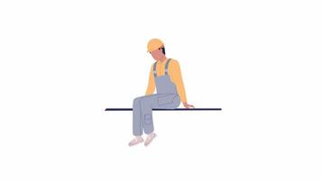 Animated construction worker. Man in uniform and helmet. Employee on jobsite. Flat character animation on white background with alpha channel transparency. Color cartoon style 4K video footage