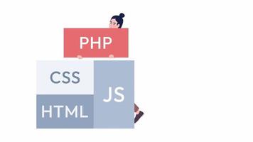 animerad webb utvecklare programmering. funktionell hemsida skapande. programmerare 2d tecknad serie platt karaktär 4k video antal fot på vit med alfa kanal genomskinlighet. begrepp animering för webb design