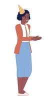 Female company worker in cone party hat semi flat color vector character. Editable figure. Full body person on white. Simple cartoon style spot illustration for web graphic design and animation