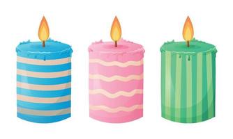 Multi-colored festive wax candles with fire. Set of cartoon isolated vector illustrations, holiday decoration design element.