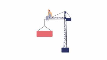 Animated worker on tower crane. Building machine on construction site. 2D cartoon flat character 4K video footage on white with alpha channel transparency. Concept animation for web design