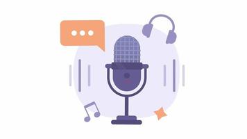 Animated podcasting microphone. Recording comments, songs. Commentator job. 2D cartoon flat icon 4K video footage on white with alpha channel transparency. Concept animation for web design