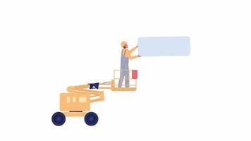 Animated worker on aerial lift. Construction site. Building skyscraper. 2D cartoon flat character 4K video footage on white with alpha channel transparency. Concept animation for web design