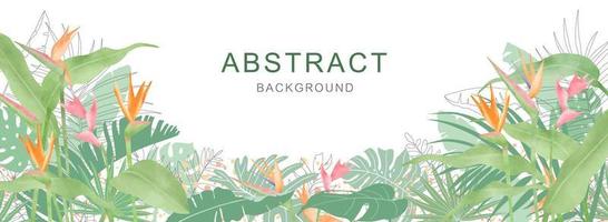 Abstract foliage and botanical background. Green tropical forest wallpaper of Bird of paradise, monstera leaves, palm leaf, branches in hand drawn pattern. Vector illustration.