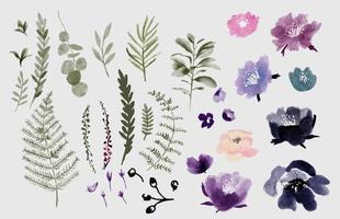 spring watercolor flowers and leaves vector