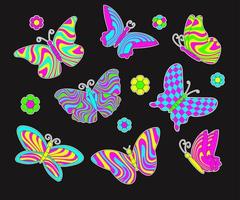 Retro Butterfly 70s 60s Groovy vector illustration set. Neon butterflies on black background.