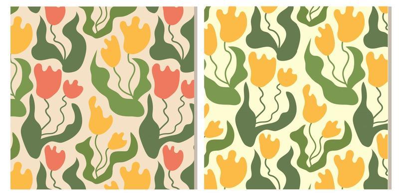 Groovy abstract pattern tulips flower on yellow background
