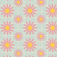 Groovy pattern with pink daisy flowers on blue background. vector