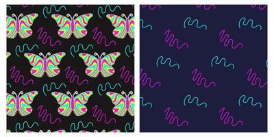 Groovy seamless pattern with abstract neon butterflies and line on black background. vector