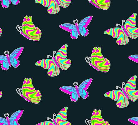 Groovy seamless pattern with abstract neon butterflies on black background.