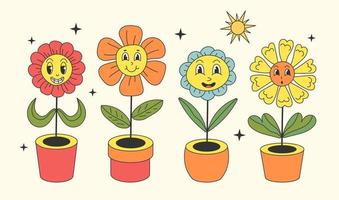 Groovy cartoon flowers in flowerpots with funny smiling faces, chamomile characters vector