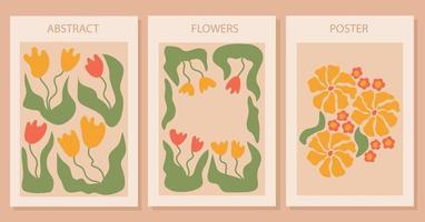 Groovy abstract posters with tulips flower on yellow background vector