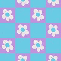 Groovy Pattern Textured Daisy Flowers. Retro blue checkered background with daisies vector