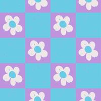 Groovy Pattern Textured Daisy Flowers. Retro blue checkered background with daisies vector