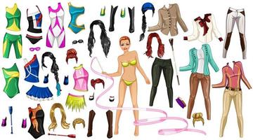 Cute Cartoon Sports Paper Doll with Gymnastics, Swimming and Horse Riding Outfits, Hairstyles and Accessories. Vector Illustration