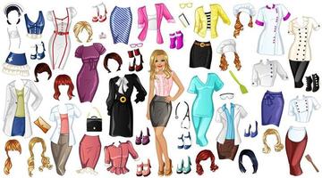 Cute Cartoon Career Paper Doll with Outfits, Hairstyles and Accessories. Vector Illustration