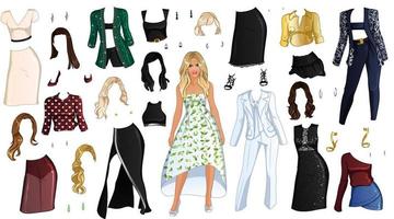 Cute Cartoon Supermodel Paper Doll with Outfits, hairstyles and Accessories. Vector Illustration