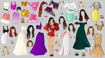 Cute Celebrity Cartoon Paper Doll with Outfits, Hairstyles, Shoes and Accessories. Vector Illustration