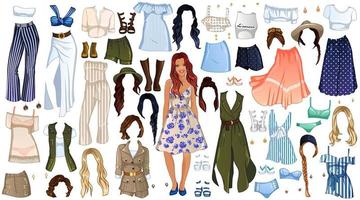 Cute Cartoon Vacation Paper Doll with Clothes, Hairstyles and Accessories. Vector Illustration